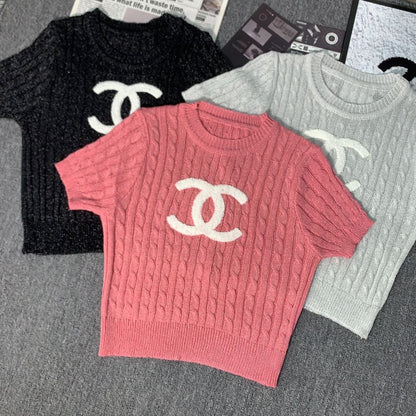 New Embroidered Crewneck Sweater Women's Short-sleeved 1024032511