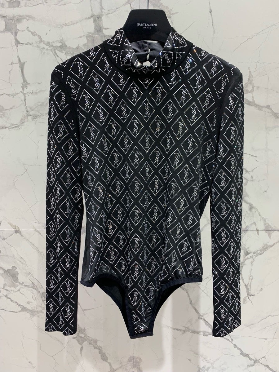 YSL New Slim-Fit Bodysuit with Logo Embellishments Crystals 0725022704