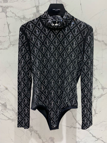 YSL New Slim-Fit Bodysuit with Logo Embellishments Crystals 0725022704