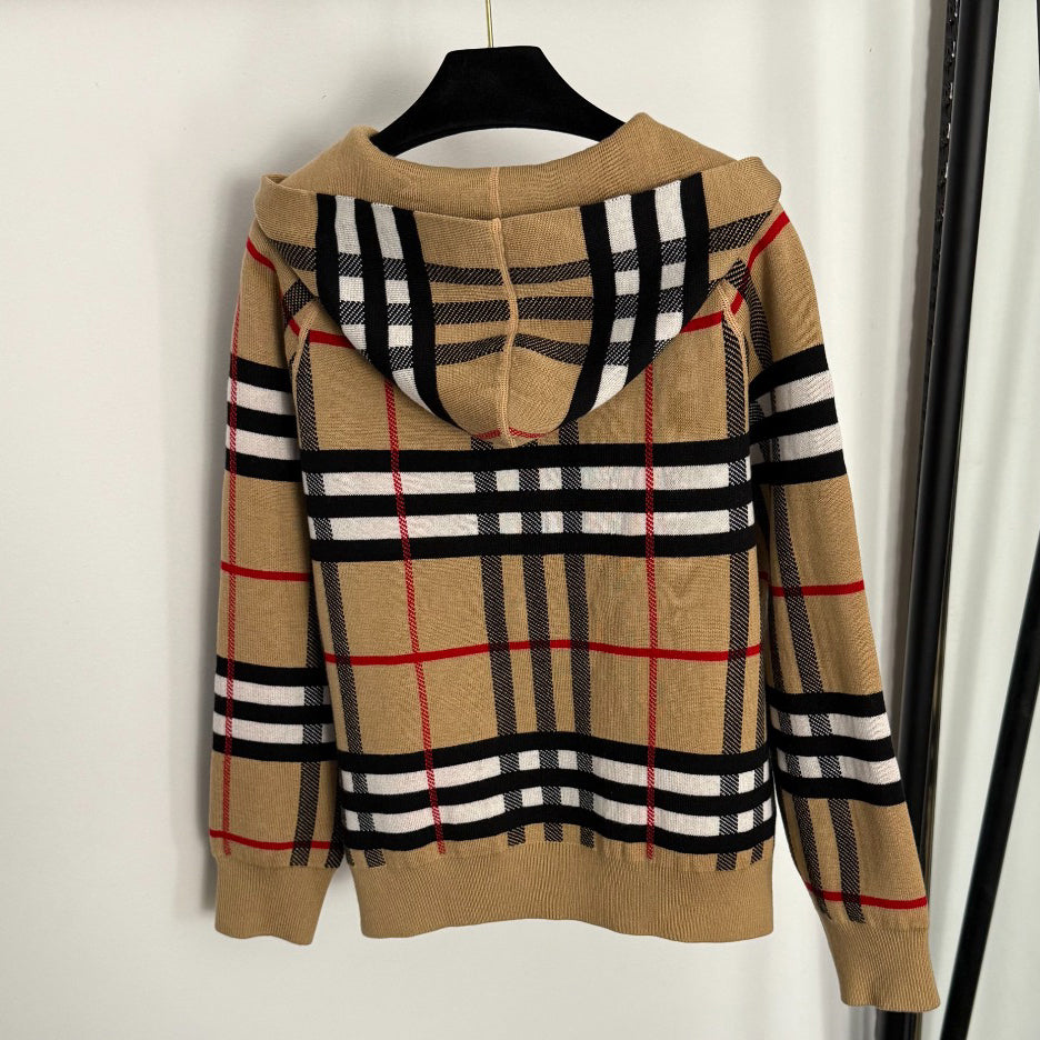 Checkered Hooded Knit Cardigan Jacket 1025092320