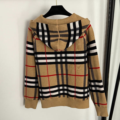 Checkered Hooded Knit Cardigan Jacket 1025092320