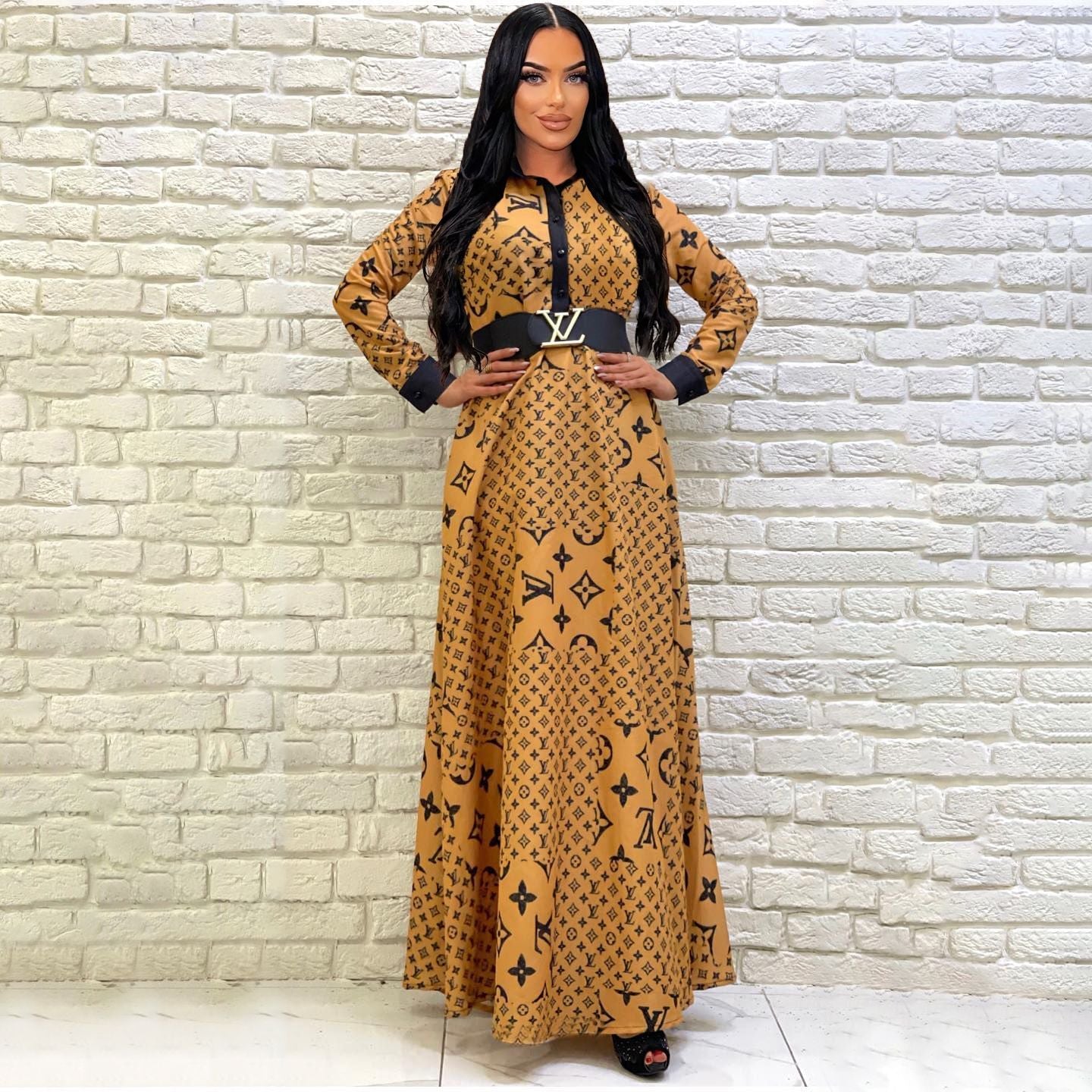 High-quality button-down shirt-style long skirt with stand-up collar and wide hem XC0823110603