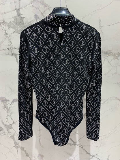 YSL New Slim-Fit Bodysuit with Logo Embellishments Crystals 0725022704