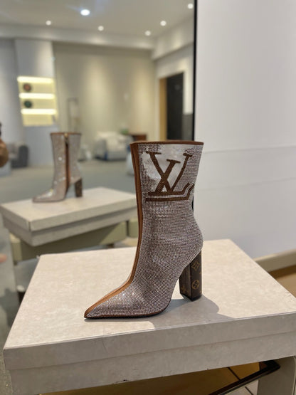 LV fashion rhinestone high-heeled mid-calf boots 0724102305
