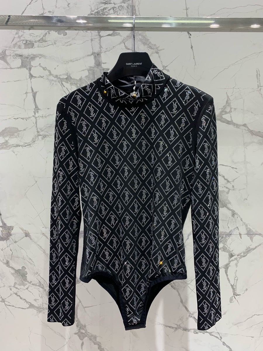 YSL New Slim-Fit Bodysuit with Logo Embellishments Crystals 0725022704