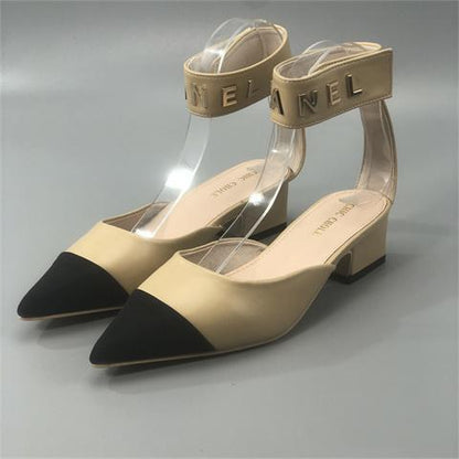 New Color Matching Pointed Shoes Velcro Shallow Thick Heel Women's Shoes 1024032522