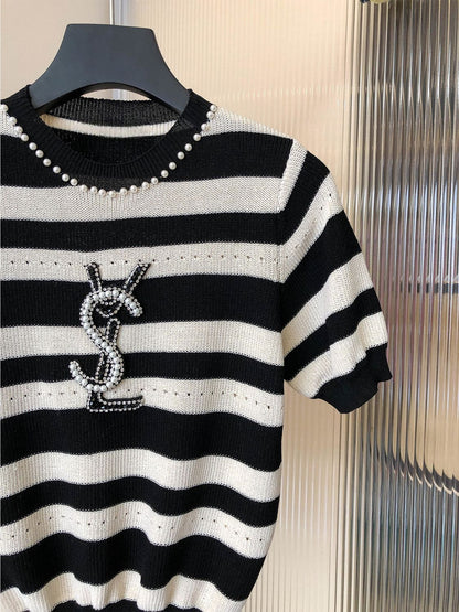 Heavy Beaded Black And White Striped Sweater 1024070322