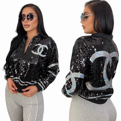 Women's Fashion Long Sleeve Sexy Slim Fit Shiny Heavy Sequin Black Jacket 1024012506