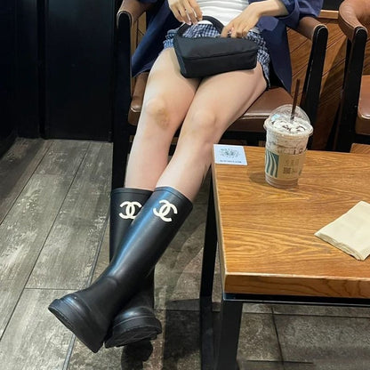 Black Leather C Logo Women's Fashion BootsXC052023110202