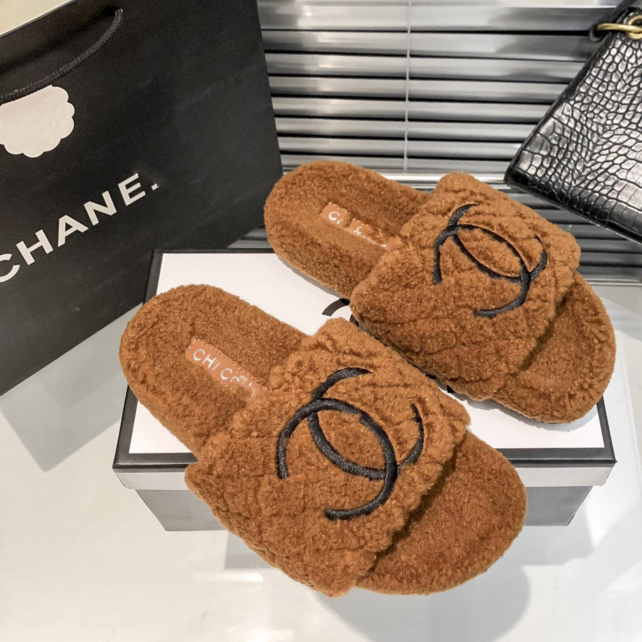 Rhombus Embroidery Fur Slippers