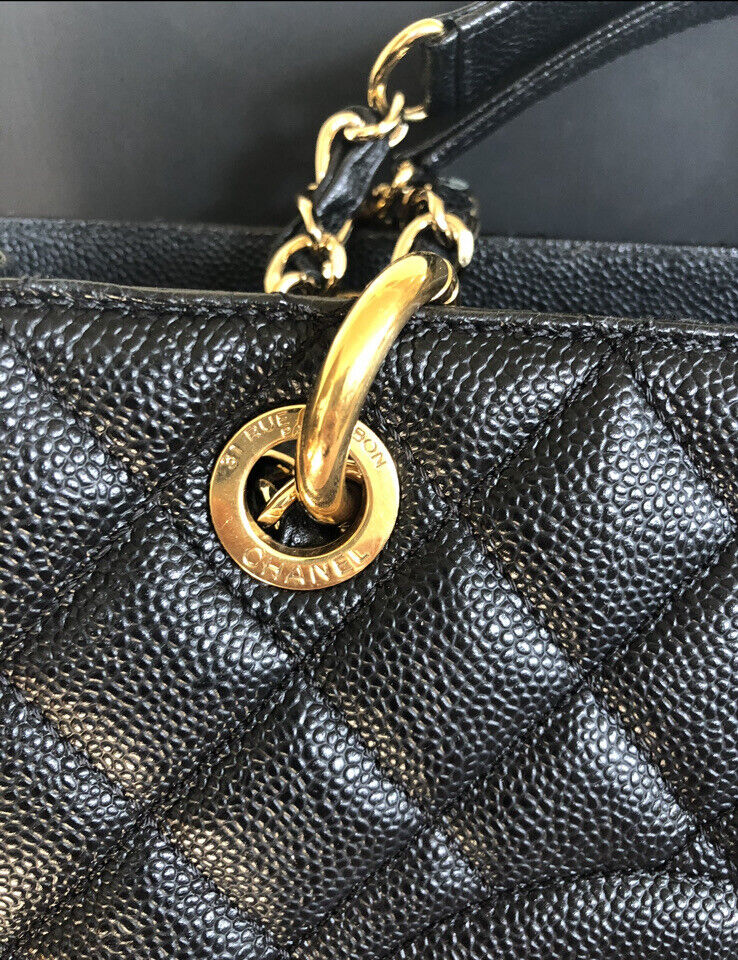 Authentic Cl CC BlackGold Caviar Quilted Grand Shopping Tote 0424031803