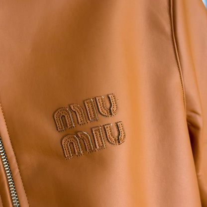 Embroidered Letter Collar Long-Sleeve Zipper PU Leather Jacket 1025092315