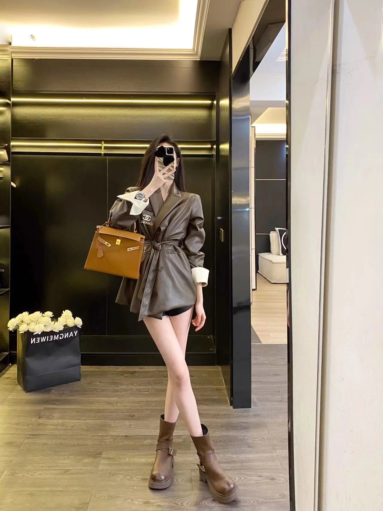 CHA Vintage Maillard Lapel Contrast Sleeve Leather Blazer 0724022201