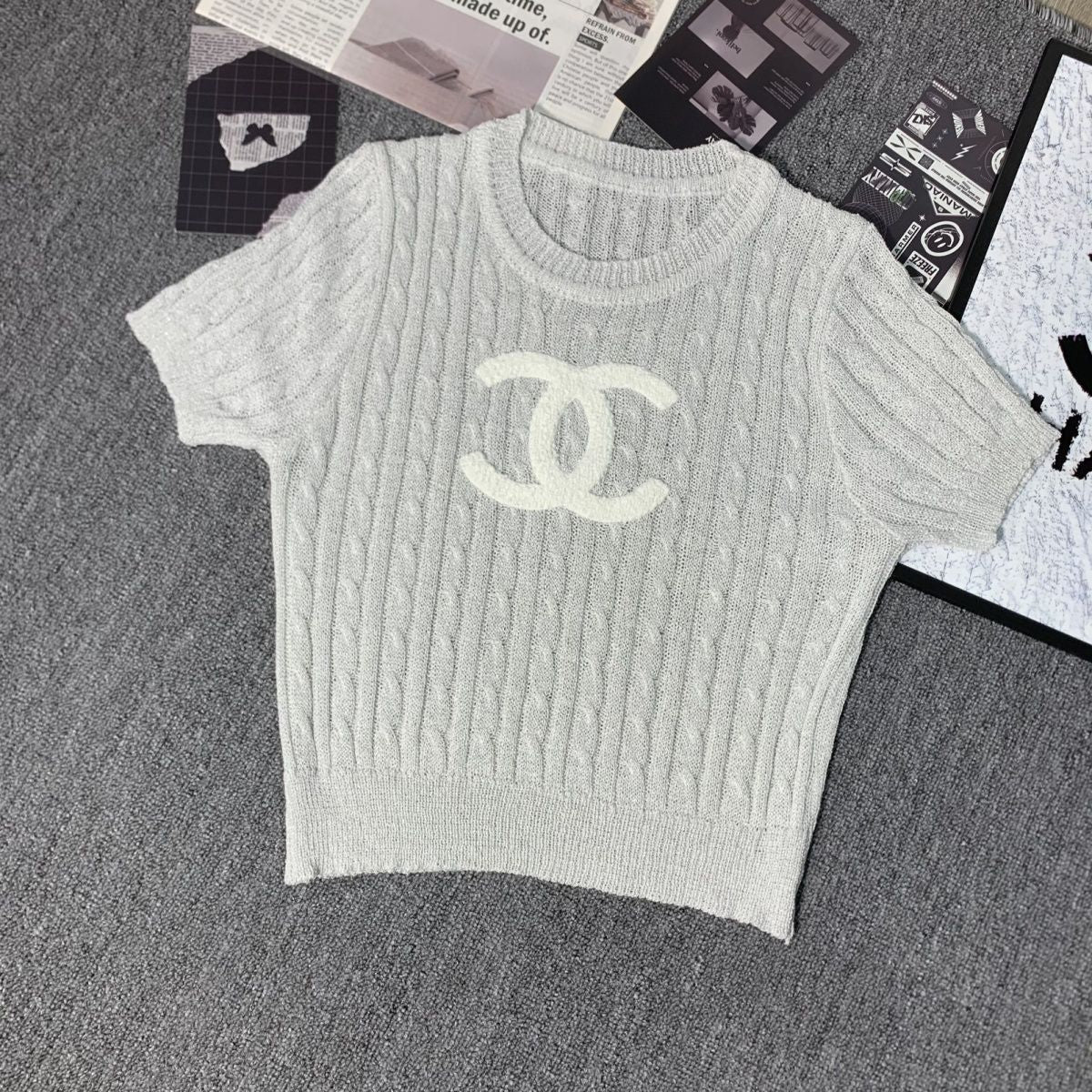 New Embroidered Crewneck Sweater Women's Short-sleeved 1024032511