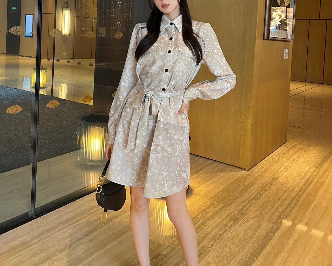 Classic printed fashionable lapel shirt dress 071