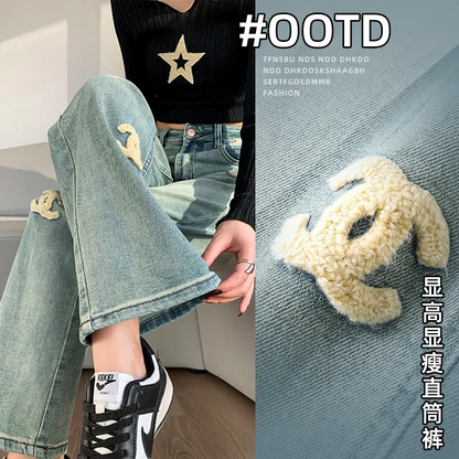 New high waisted loose embroidered straight Jeans 9000914007