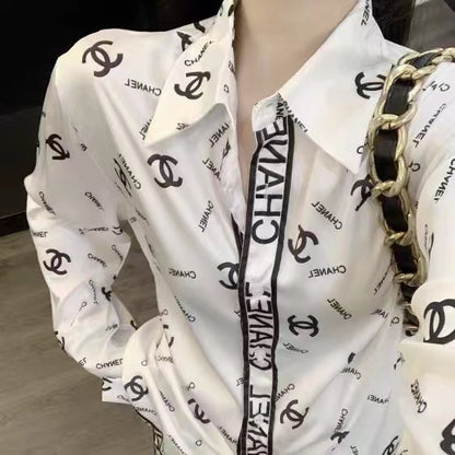 Small fragrance letter printing sky silk satin long-sleeved shirt loose temperament mid-length polo top tide