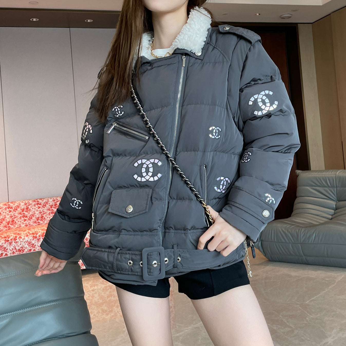 Fashionable fur collar down jacket with removable sleeves XC0723112212