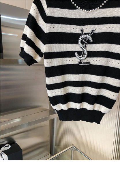 Heavy Beaded Black And White Striped Sweater 1024070322