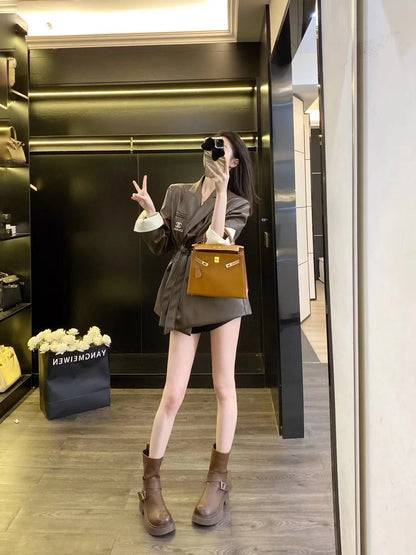 CHA Vintage Maillard Lapel Contrast Sleeve Leather Blazer 0724022201