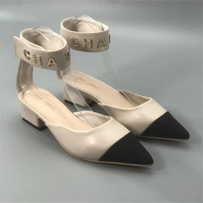 New Color Matching Pointed Shoes Velcro Shallow Thick Heel Women's Shoes 1024032522