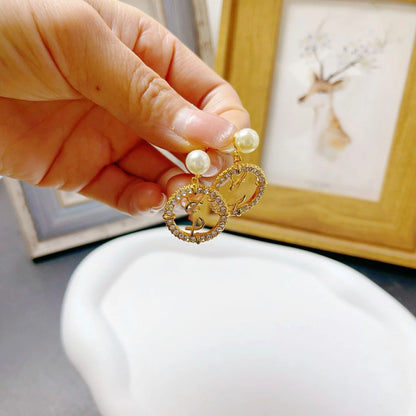 New Fashion Full Diamond Pearl Circle Letter Earrings 1024010402