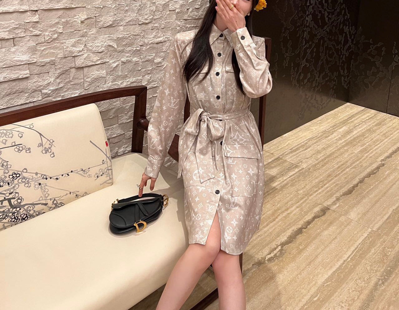 Classic printed fashionable lapel shirt dress 071