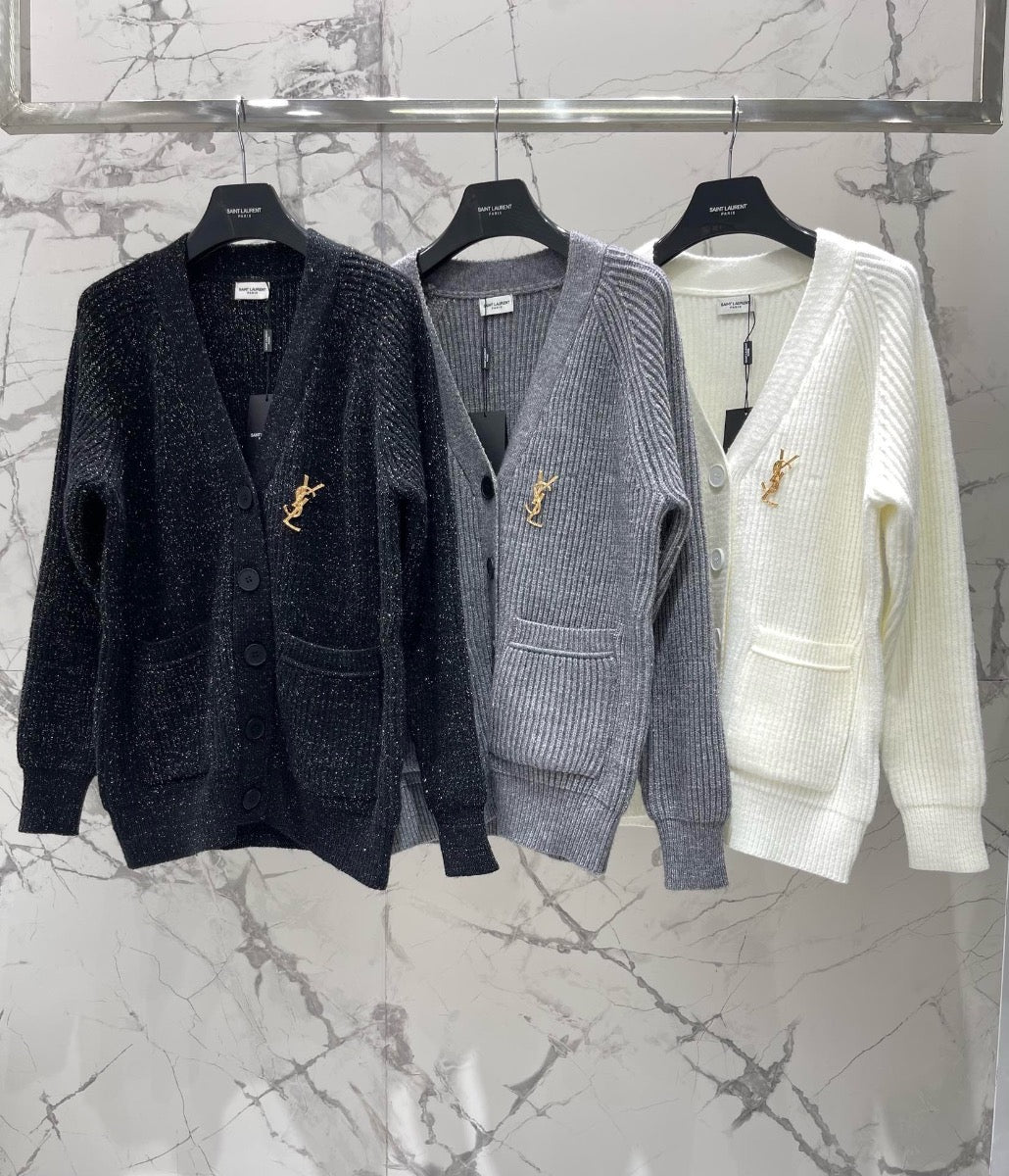 YSL V-Neck Knit Wool Cardigan with Silver Threads  0725022702