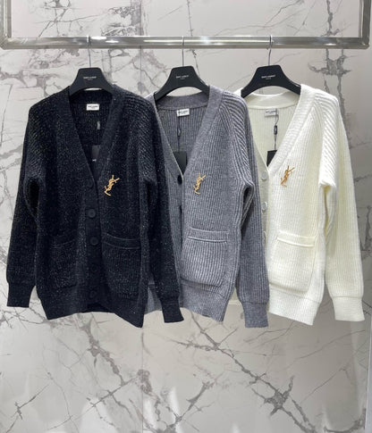 YSL V-Neck Knit Wool Cardigan with Silver Threads  0725022702