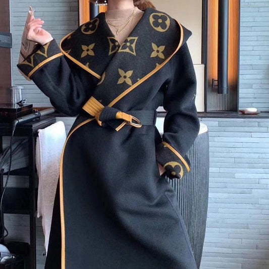 New autumn and winter woolen coat women's belt waist slimming hooded trench coat print coat women