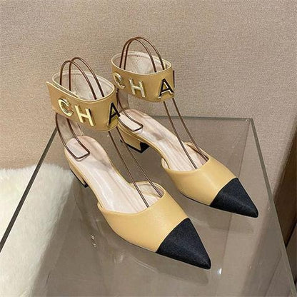 New Color Matching Pointed Shoes Velcro Shallow Thick Heel Women's Shoes 1024032522