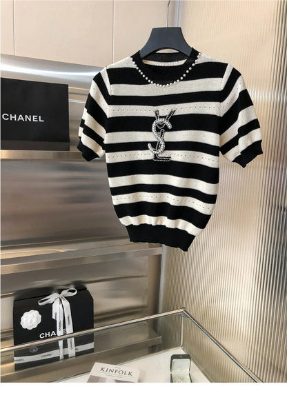 Heavy Beaded Black And White Striped Sweater 1024070322