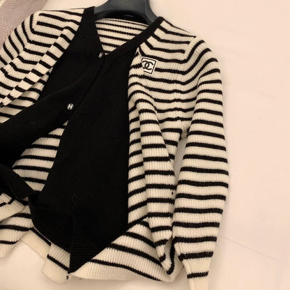 Black and white striped double layered cardigan 1024102910
