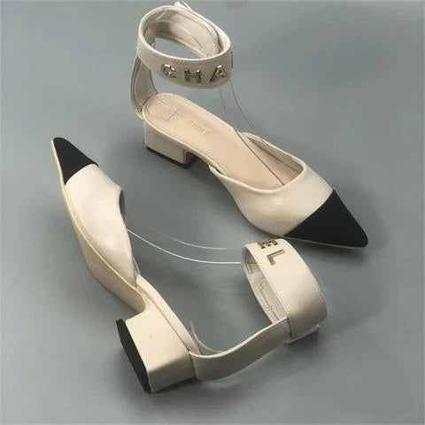 New Color Matching Pointed Shoes Velcro Shallow Thick Heel Women's Shoes 1024032522