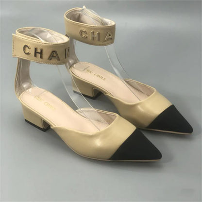 New Color Matching Pointed Shoes Velcro Shallow Thick Heel Women's Shoes 1024032522