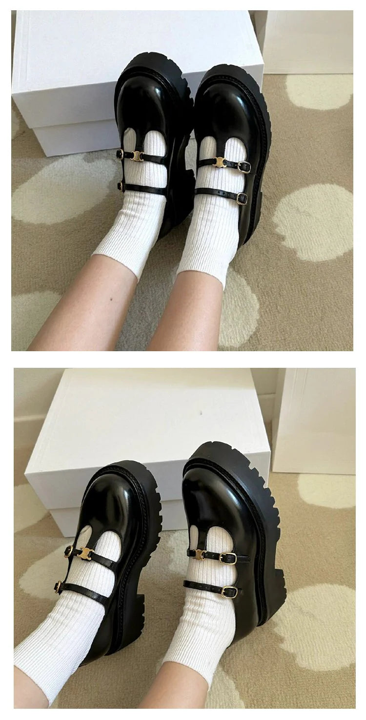 High-Heeled Platform Loafers All-Match Genuine Leather Mary Jane Shoes 1024041509