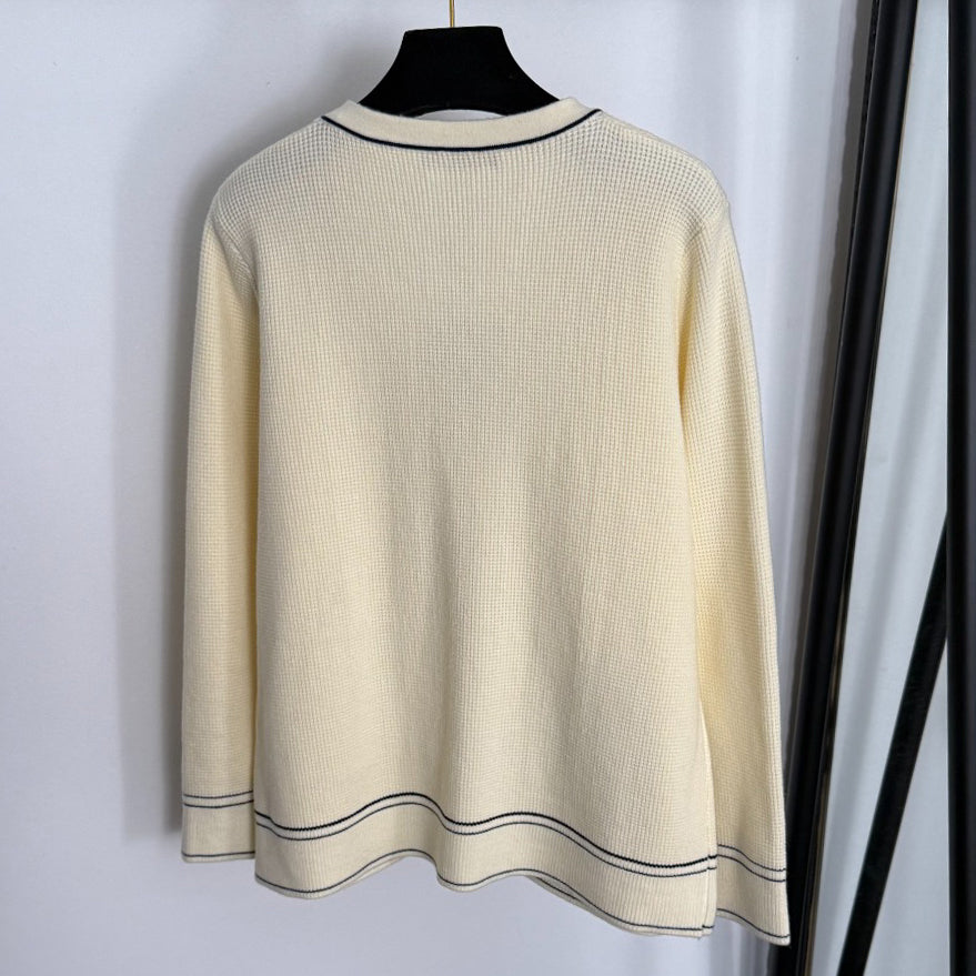 New Color-Blocked Pocket V-Neck Long-Sleeve Knit Sweater 1025092323