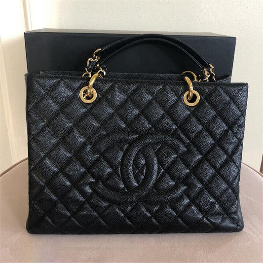 Authentic Cl CC BlackGold Caviar Quilted Grand Shopping Tote 0424031803