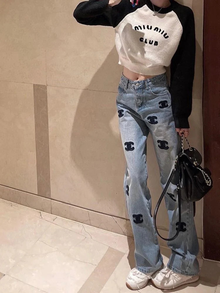 New Style Embroidered High Waist Straight Casual Jeans 1024012508