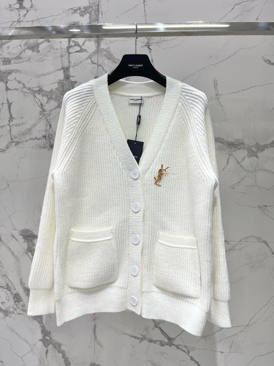 YSL V-Neck Knit Wool Cardigan with Silver Threads  0725022702