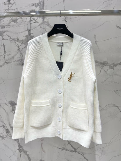 YSL V-Neck Knit Wool Cardigan with Silver Threads  0725022702