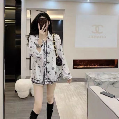 Small fragrance letter printing sky silk satin long-sleeved shirt loose temperament mid-length polo top tide