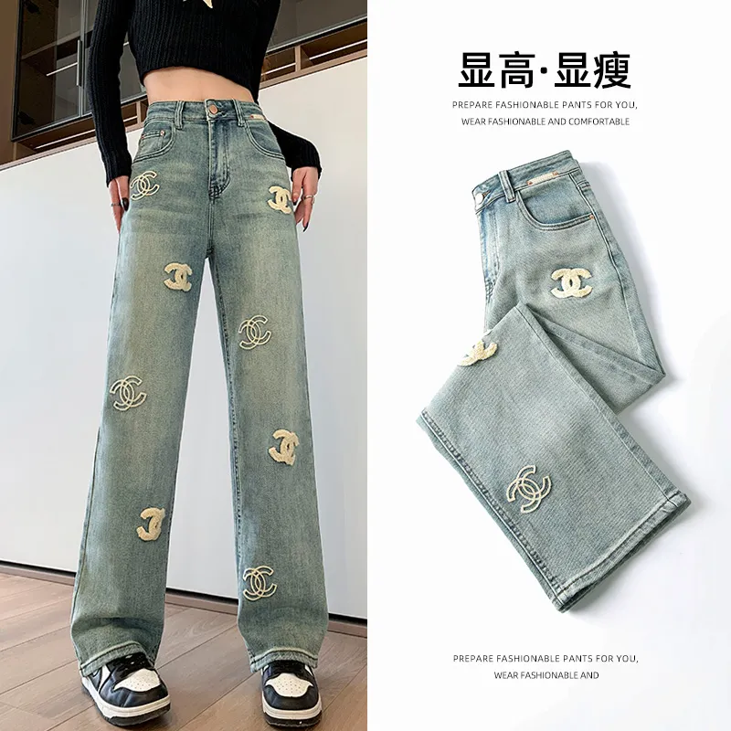 New high waisted loose embroidered straight Jeans 9000914007