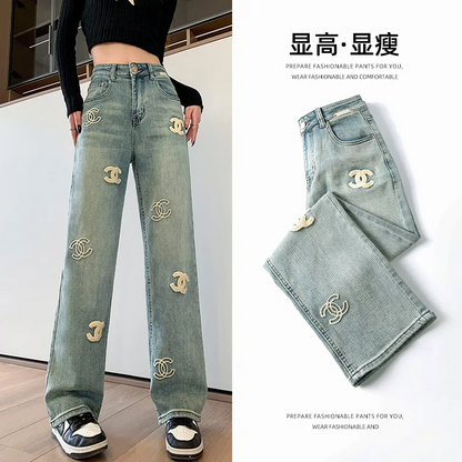 New high waisted loose embroidered straight Jeans 9000914007