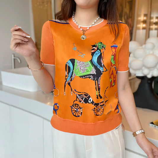 New Fashion Round Neck Printed Knitted Short Sleeves 1024032035