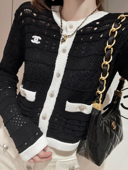 CNL contrast color crew neck knitted long sleeve cardigan 0724080605