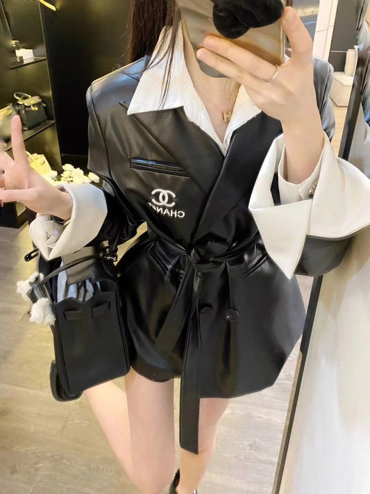 CHA Vintage Maillard Lapel Contrast Sleeve Leather Blazer 0724022201