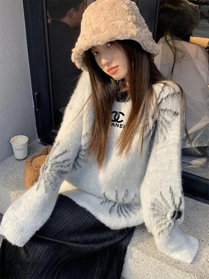 Ripped Gray Sweater Lazy Design Niche Top 0823120403