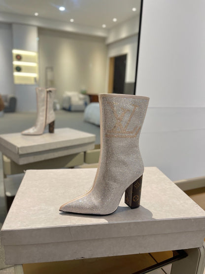 LV fashion rhinestone high-heeled mid-calf boots 0724102305