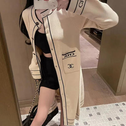 Women's fashionable and elegant round neck single breasted long knitted cardigan 1023112722